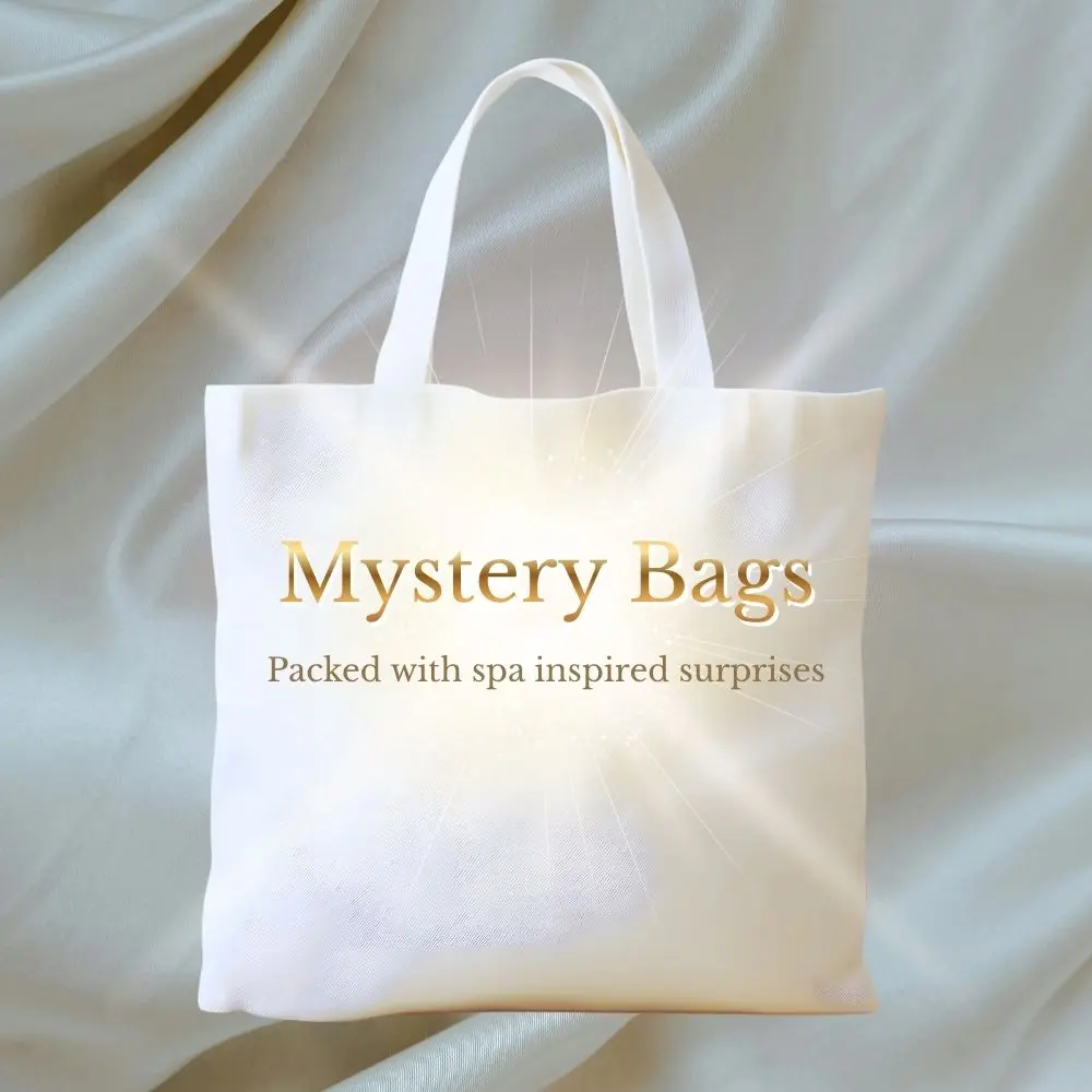 “The Country Spa Mystery Bags – luxury spa mystery gift bag with gold text on a soft neutral background.”