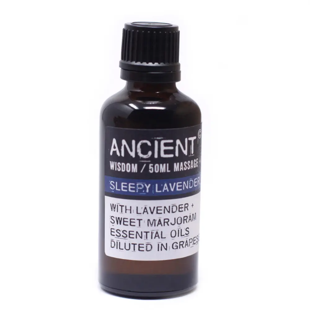 Sleepy Lavender aromatherapy massage oil in 50ml glass bottle by Ancient Wisdom
