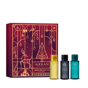 ARRAN Deluxe Discovery Set gift box with red ribbon and miniature bottles displayed