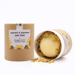 Chamomile & Grapefruit bath bomb with Himalayan salt and sunflower petals in kraft tube