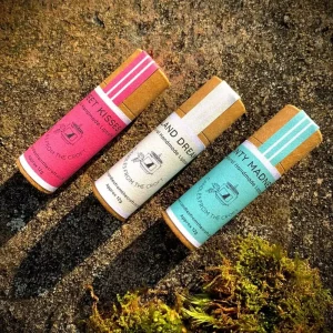 Candles from the Croft natural handmade lip balms in eco Kraft tubes – cherry, coconut, and mint varieties
