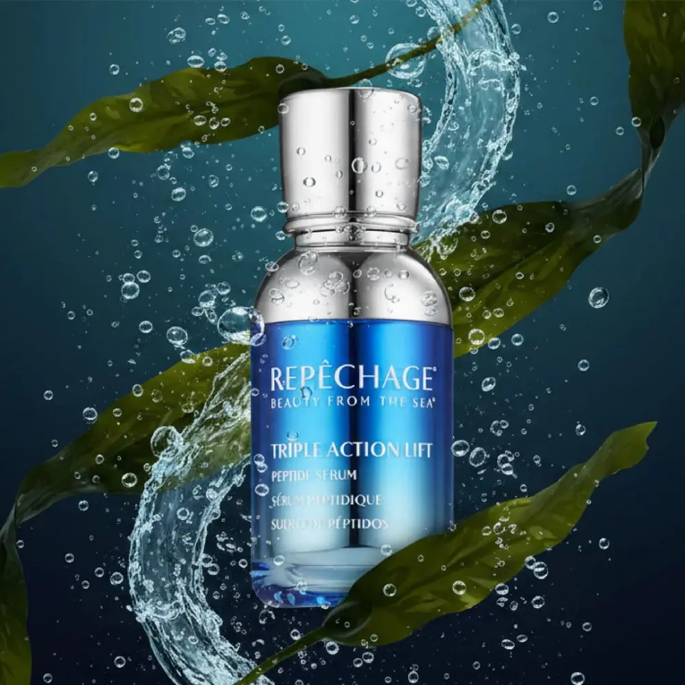 Repêchage Triple Action Lift Peptide Serum bottle surrounded by seaweed – firming and hydrating skincare (30 ml).