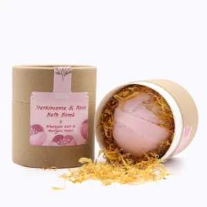 Frankincense & Rose bath bomb with Himalayan salt and marigold petals in kraft tube