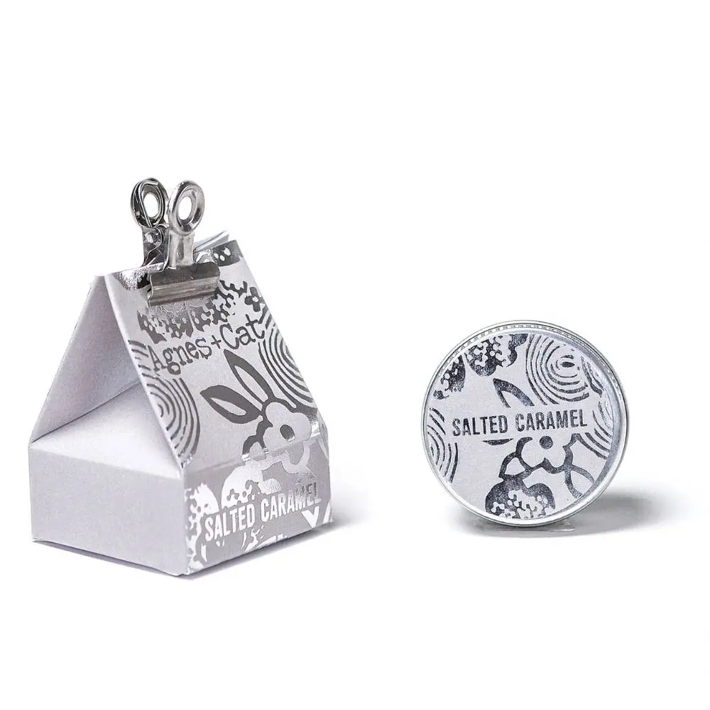 Agnes + Cat Salted Caramel lip balm in silver tin gift box