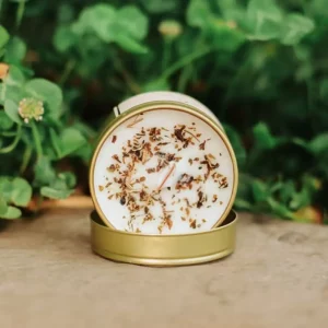 Highland Gorse gold tin soy candle with wood wick