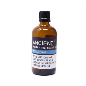 Ancient Wisdom Wellbeing Massage Oil 100ml amber glass bottle with label