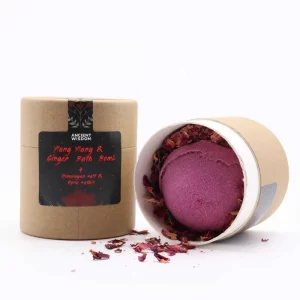 Ylang Ylang & Ginger bath bomb with Himalayan salt and rose petals in kraft tube