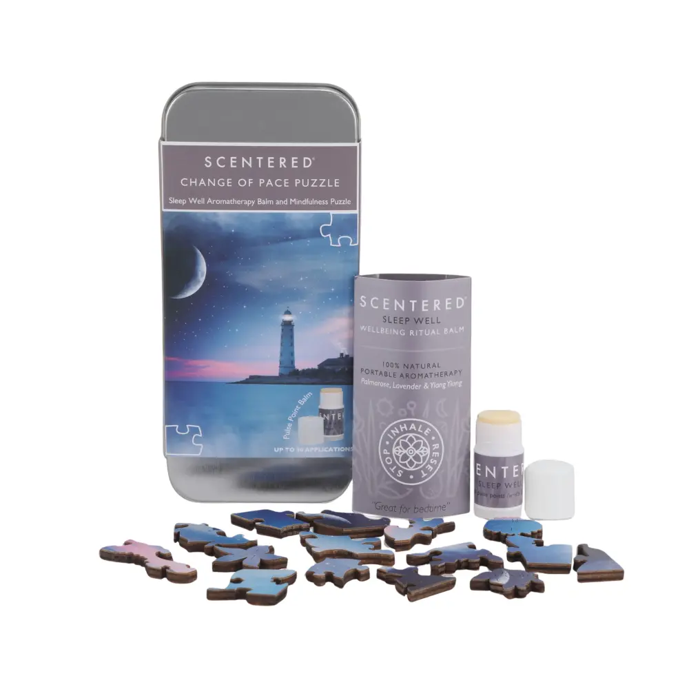 Scentered Sleep Well Change of Pace Puzzle set with aromatherapy balm and wooden puzzle pieces