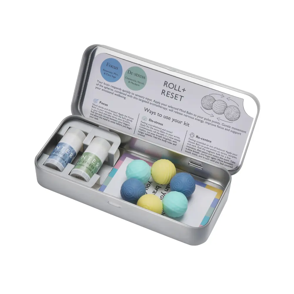 Scentered Roll & Reset Fidget Set with magnetic sensory balls, Focus and De-Stress aromatherapy balms