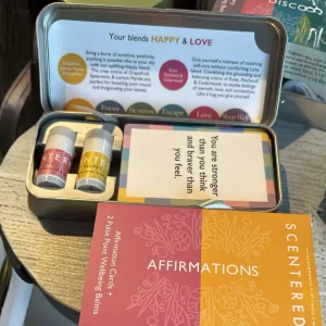Scentered Affirmation Cards Set with embossed silver tin, pink envelope, affirmation cards and two mini aromatherapy balms.