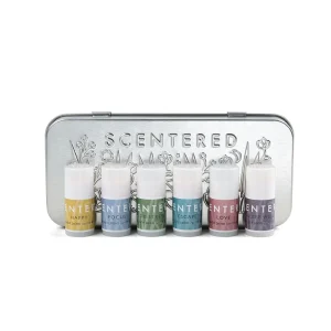 Scentered Aromatherapy Discovery Set with six colourful mini pulse point balms displayed in front of an embossed silver tin.