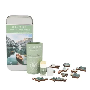 Scentered De-Stress mindfulness puzzle and aromatherapy balm gift set with green packaging