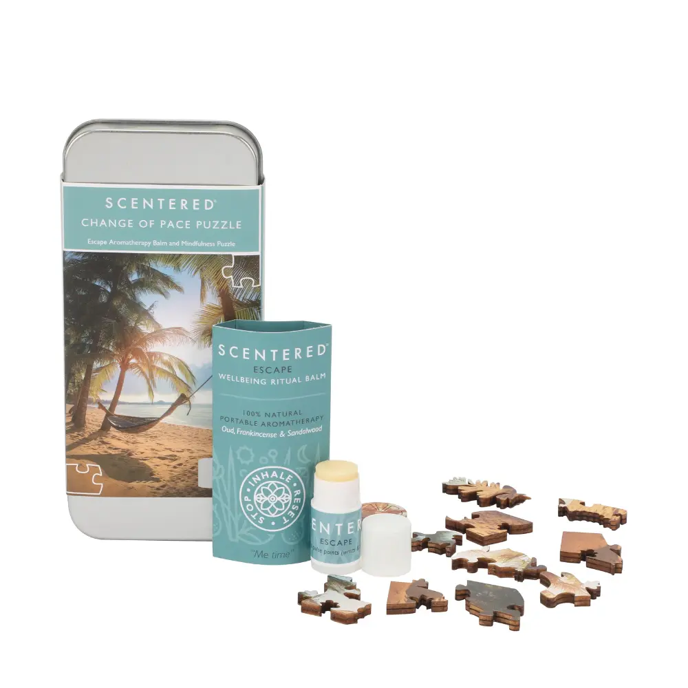 Scentered Escape Change of Pace Puzzle set with essential oil balm and wooden puzzle pieces